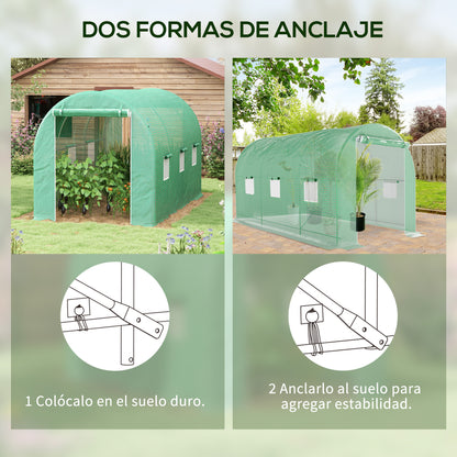 Tunnel Greenhouse 400x200x205 cm Garden Greenhouse with Roll-Up Door and 6 Windows PE Cover 140 g/m² Metal Frame for Growing Plants Vegetables Green