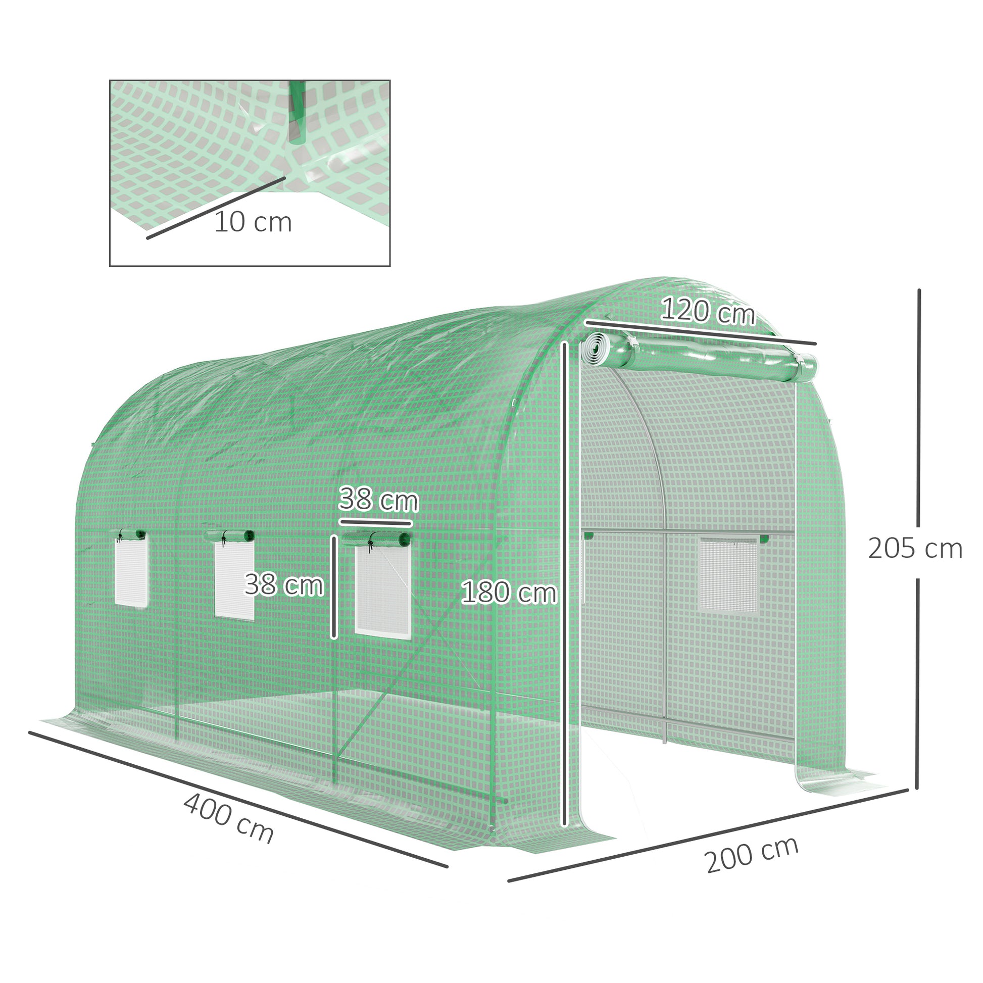 Tunnel Greenhouse 400x200x205 cm Garden Greenhouse with Roll-Up Door and 6 Windows PE Cover 140 g/m² Metal Frame for Growing Plants Vegetables Green