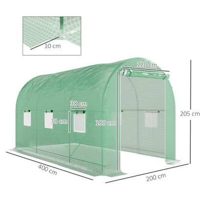 Tunnel Greenhouse 400x200x205 cm Garden Greenhouse with Roll-Up Door and 6 Windows PE Cover 140 g/m² Metal Frame for Growing Plants Vegetables Green