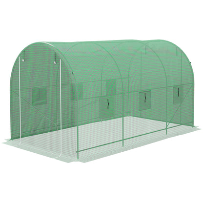Tunnel Greenhouse 400x200x205 cm Garden Greenhouse with Roll-Up Door and 6 Windows PE Cover 140 g/m² Metal Frame for Growing Plants Vegetables Green