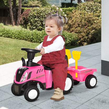 No-Pedal Tractor for Kids 12-36 Months with Removable Trailer Ride-On Car with Horn Headlights Floor Seat 25 kg Load Capacity 91x29x44 cm Pink
