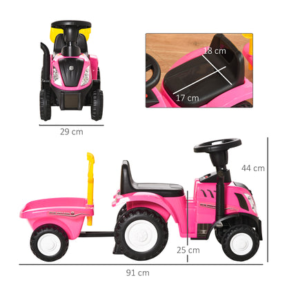No-Pedal Tractor for Kids 12-36 Months with Removable Trailer Ride-On Car with Horn Headlights Floor Seat 25 kg Load Capacity 91x29x44 cm Pink