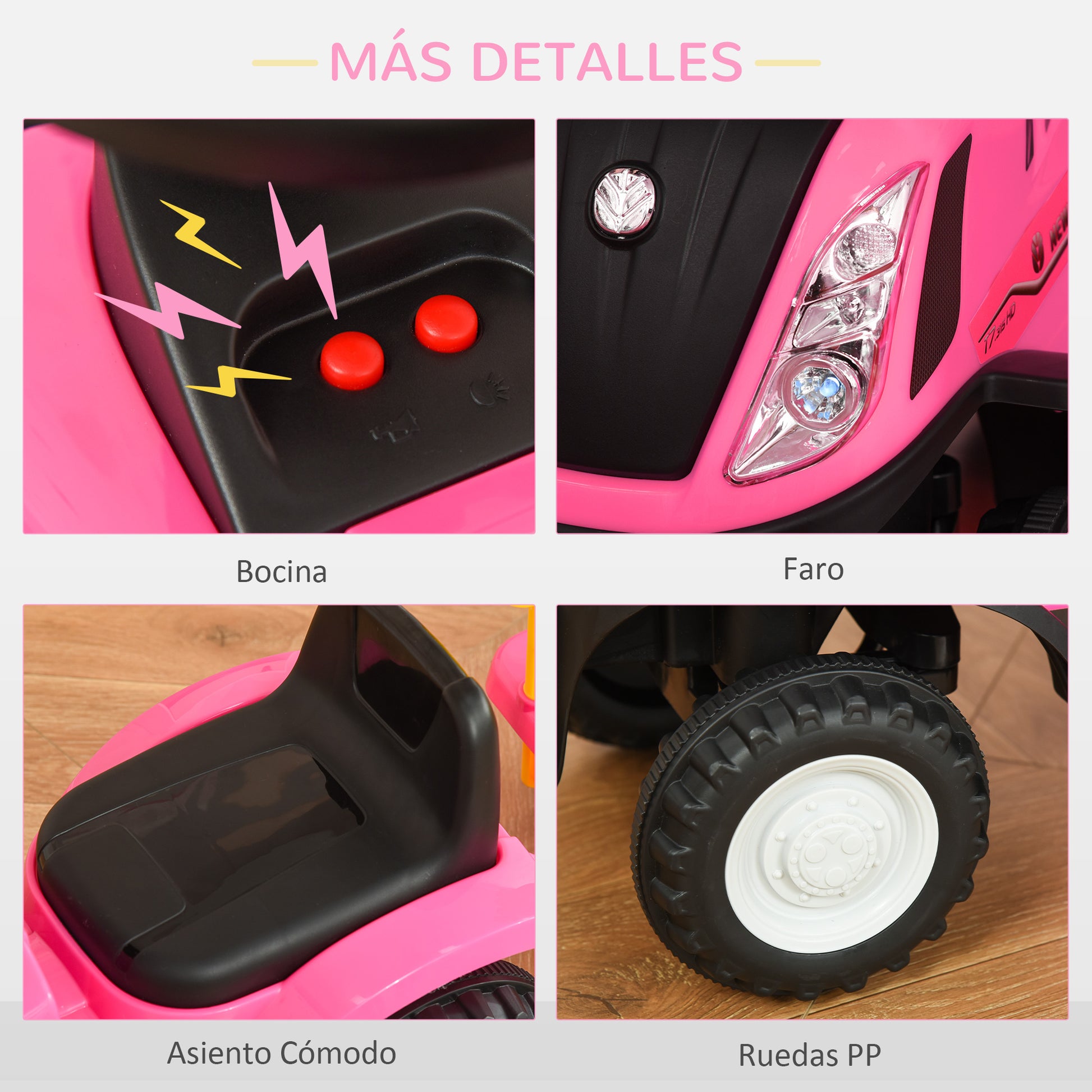 No-Pedal Tractor for Kids 12-36 Months with Removable Trailer Ride-On Car with Horn Headlights Floor Seat 25 kg Load Capacity 91x29x44 cm Pink