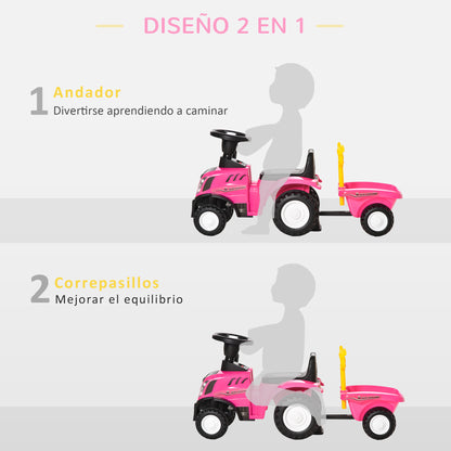 No-Pedal Tractor for Kids 12-36 Months with Removable Trailer Ride-On Car with Horn Headlights Floor Seat 25 kg Load Capacity 91x29x44 cm Pink