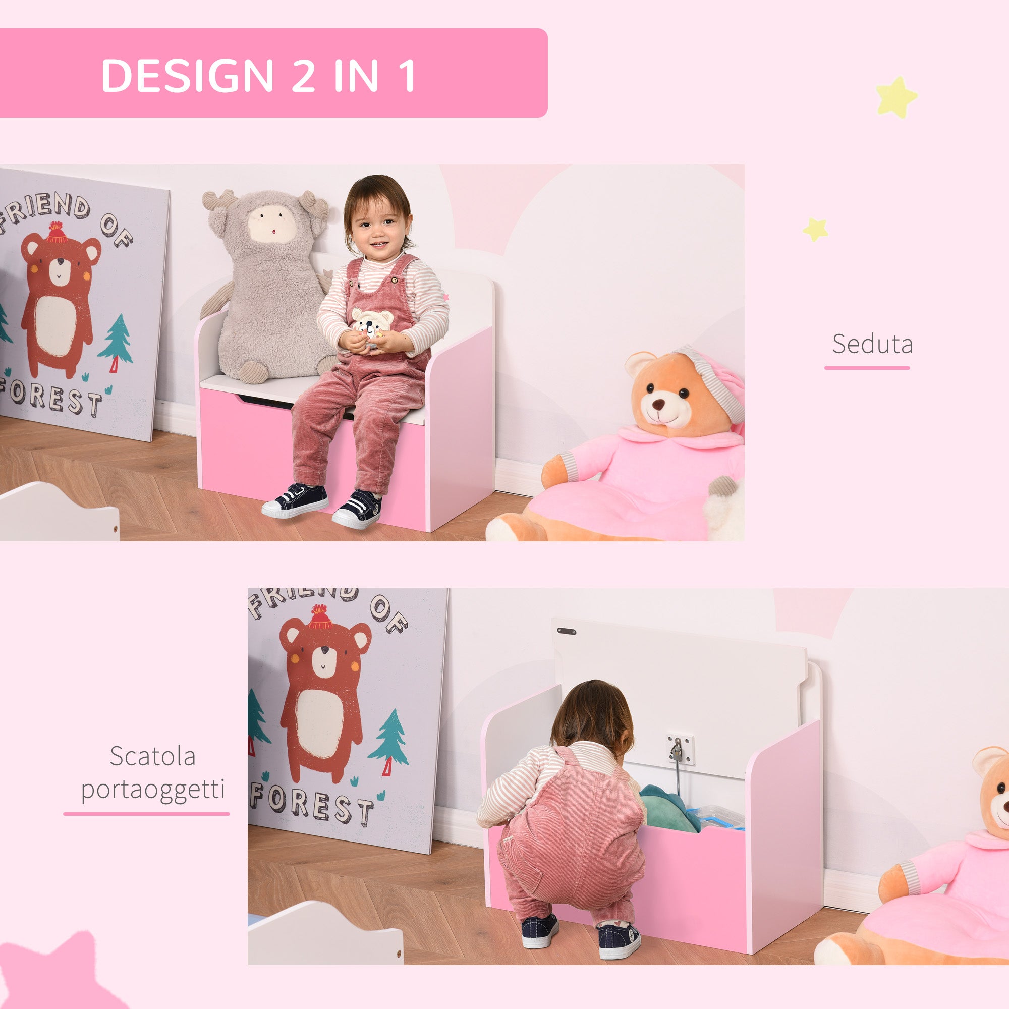 2 in 1 Wooden Toy Storage Bench with Backrest for Children 3-6 Years Old, 60x30x50 cm, Pink