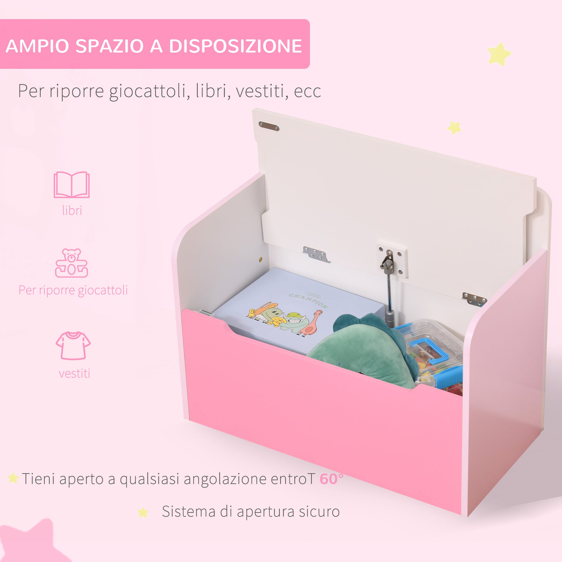 2 in 1 Wooden Toy Storage Bench with Backrest for Children 3-6 Years Old, 60x30x50 cm, Pink
