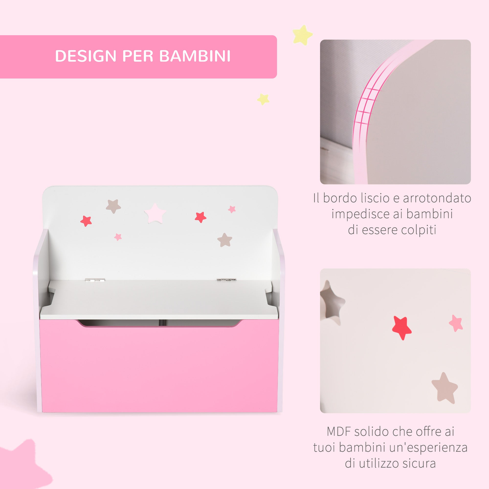 2 in 1 Wooden Toy Storage Bench with Backrest for Children 3-6 Years Old, 60x30x50 cm, Pink