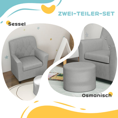 Children's Chair Children's Sofa with Ottoman Kids Couch 1.5-3 Years Children's Furniture Nursery Linen Look Eucalyptus Wood Gray 45 x 43 x 50.5 cm