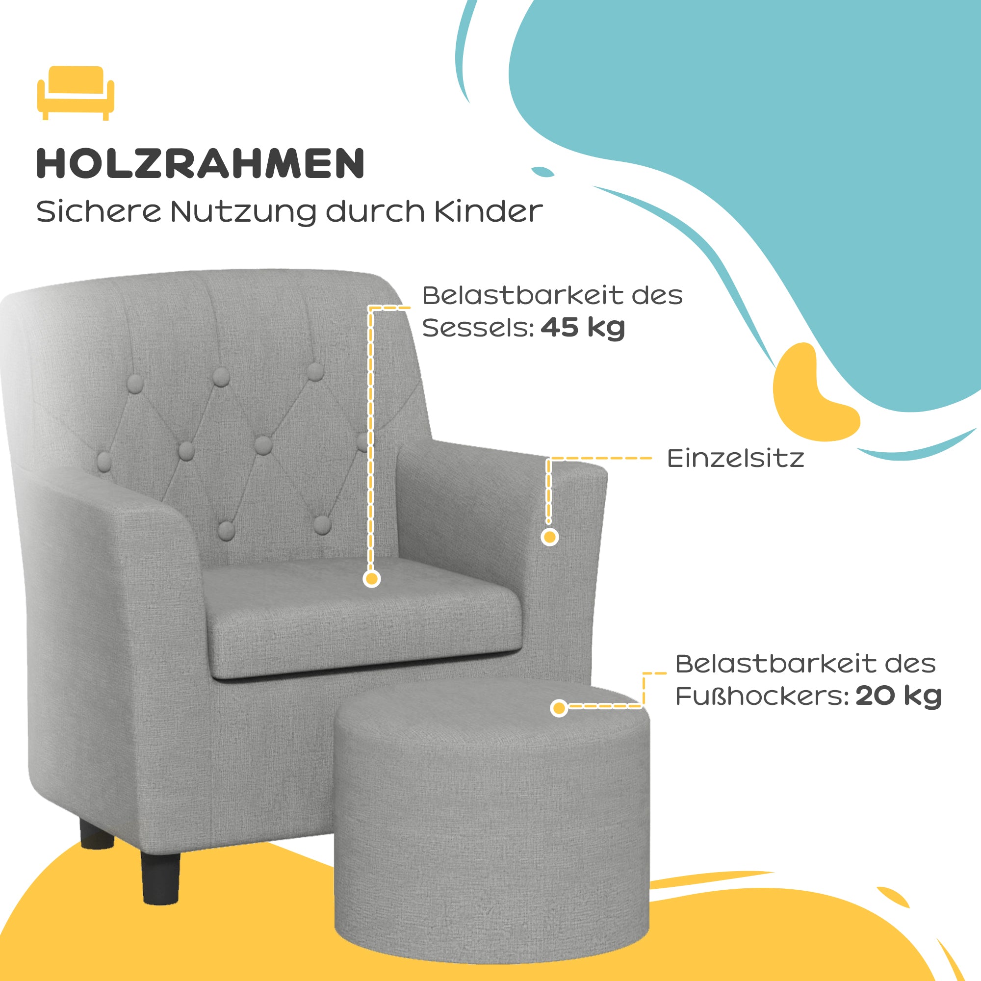 Children's Chair Children's Sofa with Ottoman Kids Couch 1.5-3 Years Children's Furniture Nursery Linen Look Eucalyptus Wood Gray 45 x 43 x 50.5 cm