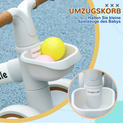 Children's Balance Bike from 1 Year Baby up to 20 kg Learning Bike with TPU Wheels Basket Adjustable Seat Saddle Kids Balance Bike Gifts for Boys Girls Toy Brown+White