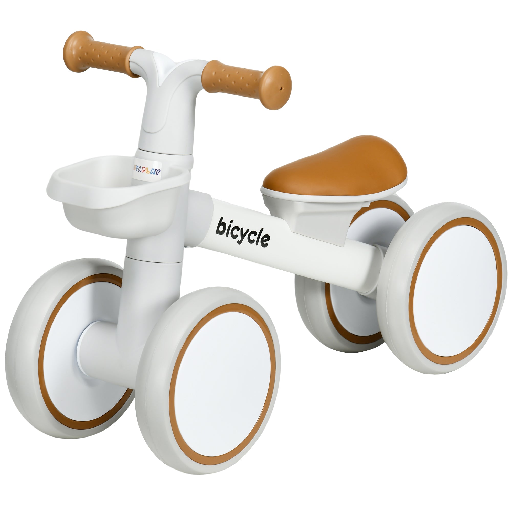 Children's Balance Bike from 1 Year Baby up to 20 kg Learning Bike with TPU Wheels Basket Adjustable Seat Saddle Kids Balance Bike Gifts for Boys Girls Toy Brown+White