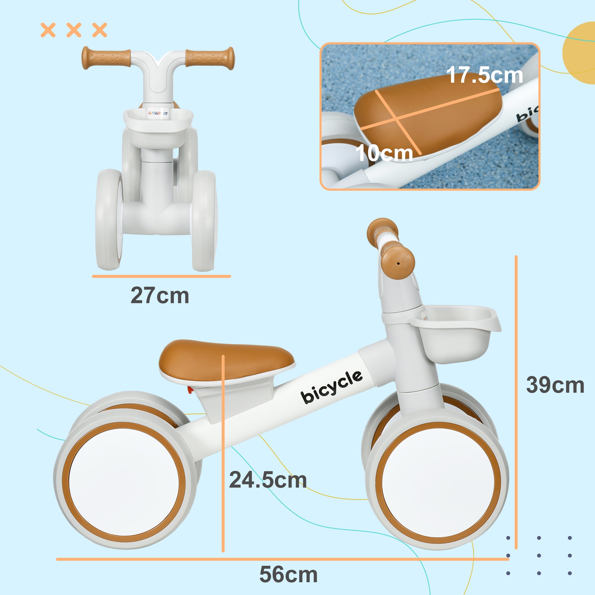 Children's Balance Bike from 1 Year Baby up to 20 kg Learning Bike with TPU Wheels Basket Adjustable Seat Saddle Kids Balance Bike Gifts for Boys Girls Toy Brown+White