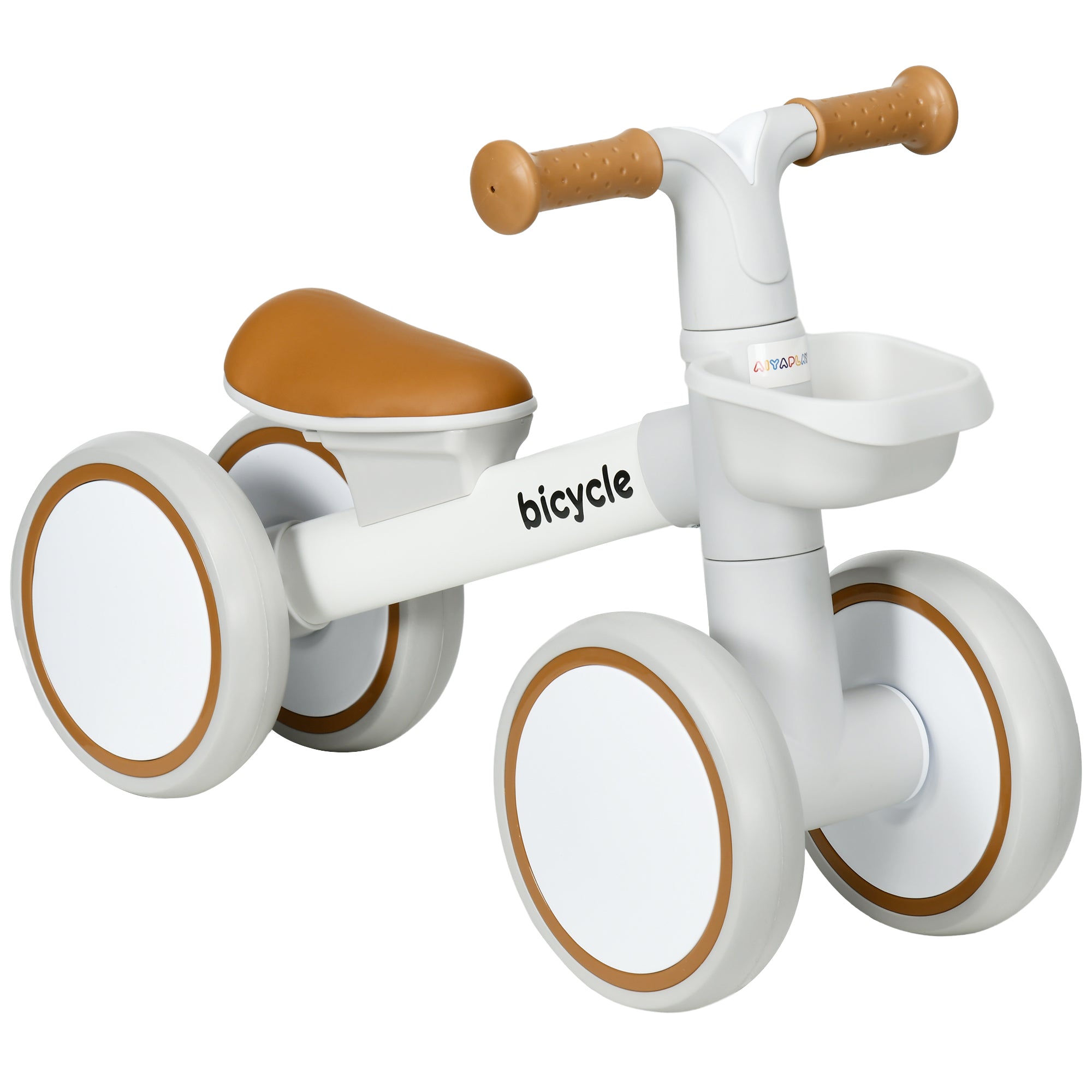 Children's Balance Bike from 1 Year Baby up to 20 kg Learning Bike with TPU Wheels Basket Adjustable Seat Saddle Kids Balance Bike Gifts for Boys Girls Toy Brown+White
