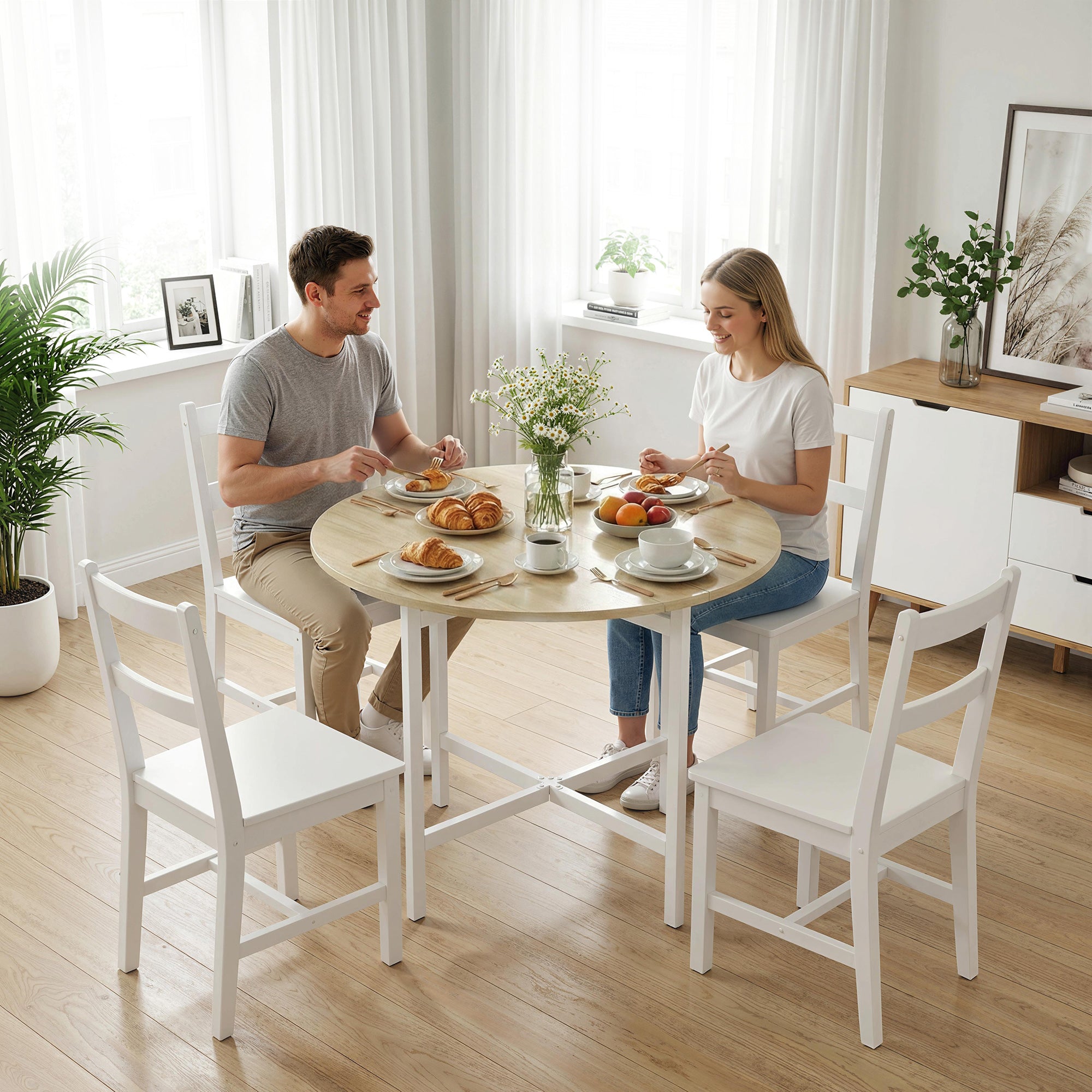 Round Folding Dining Table for 2–4, Space-Saving Drop-Leaf Table with Steel Frame, Natural Wood/White, 31.5" x 31.5" x 29.9"