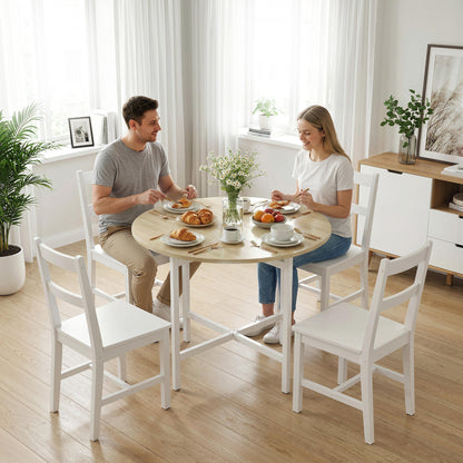 Round Folding Dining Table for 2–4, Space-Saving Drop-Leaf Table with Steel Frame, Natural Wood/White, 31.5" x 31.5" x 29.9"