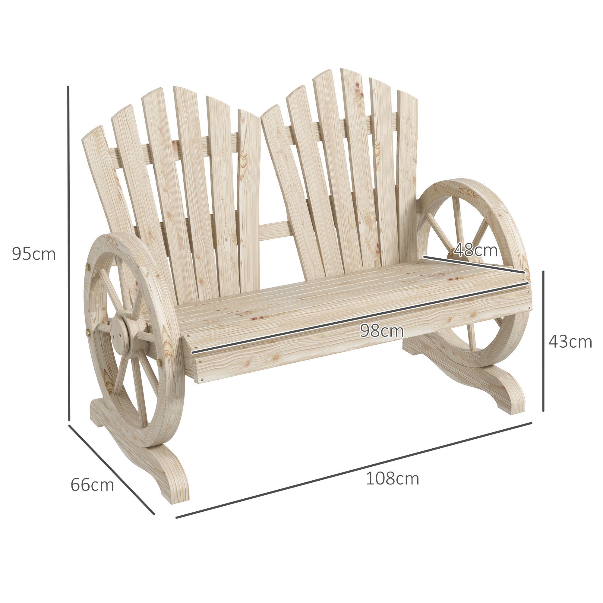 2-Seater Solid Wood Garden Bench with Armrest, Patio Furniture 250kg Capacity, Rustic Bench for Garden, Terrace, and other Outdoor Areas, 108 x 66 x 95 cm, Natural Wood