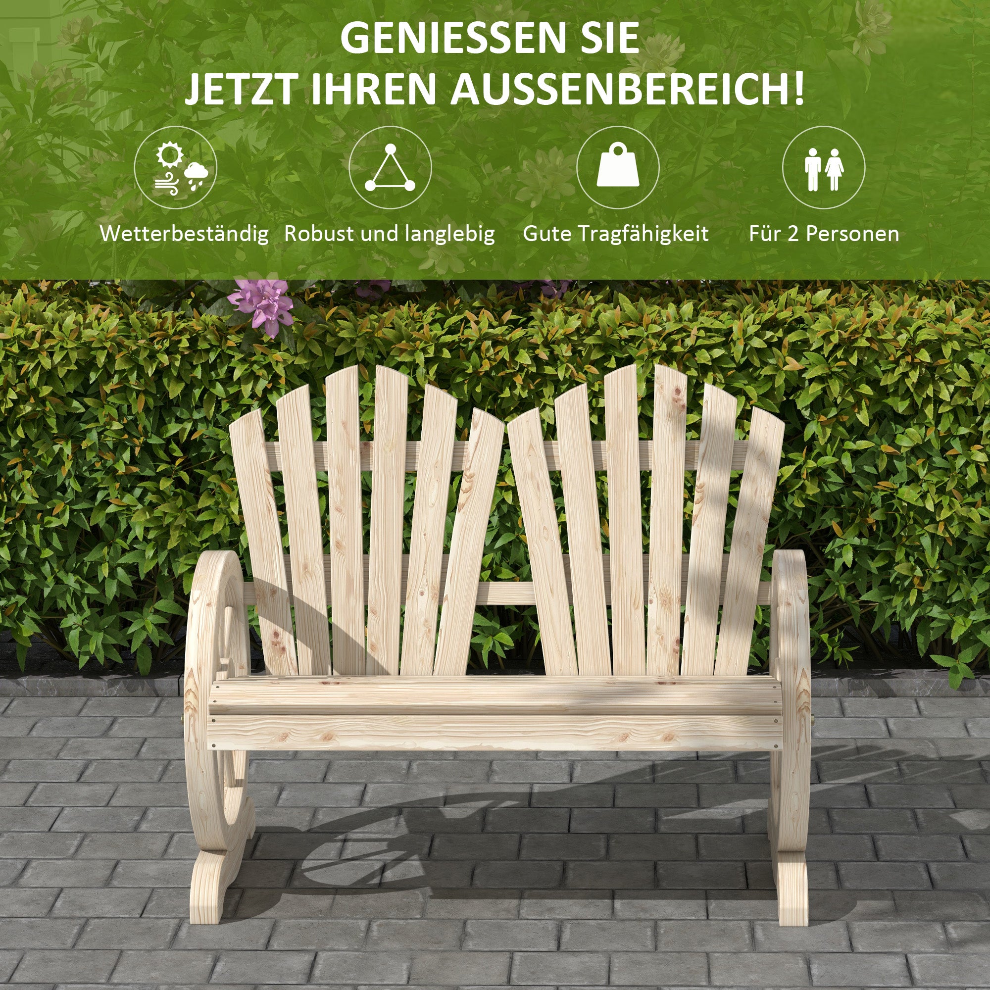 2-Seater Solid Wood Garden Bench with Armrest, Patio Furniture 250kg Capacity, Rustic Bench for Garden, Terrace, and other Outdoor Areas, 108 x 66 x 95 cm, Natural Wood
