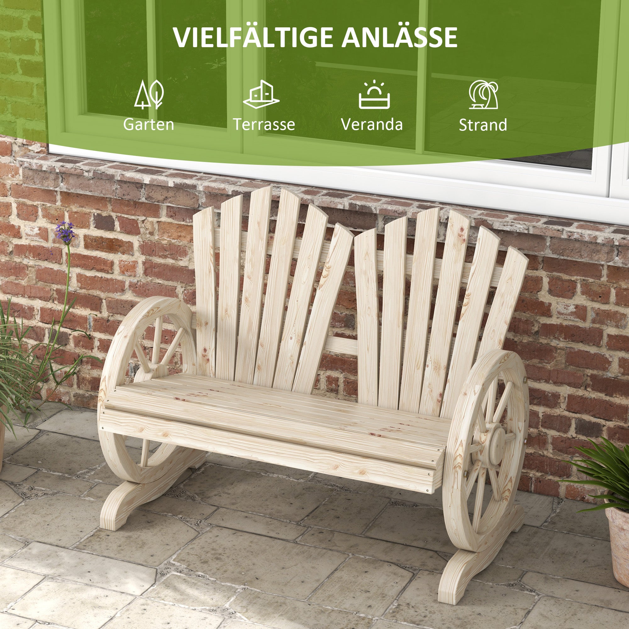 2-Seater Solid Wood Garden Bench with Armrest, Patio Furniture 250kg Capacity, Rustic Bench for Garden, Terrace, and other Outdoor Areas, 108 x 66 x 95 cm, Natural Wood