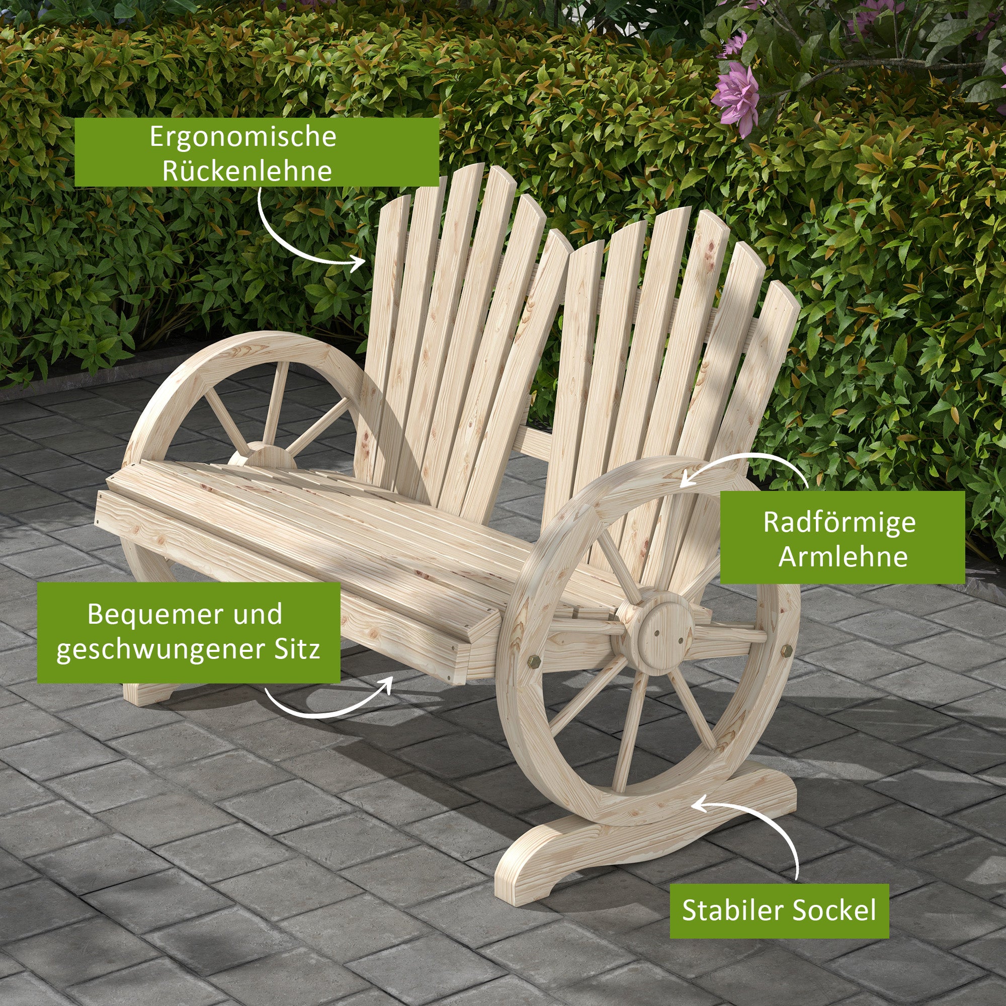 2-Seater Solid Wood Garden Bench with Armrest, Patio Furniture 250kg Capacity, Rustic Bench for Garden, Terrace, and other Outdoor Areas, 108 x 66 x 95 cm, Natural Wood