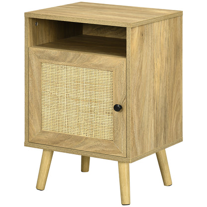 Nightstand Bedside Table with Rattan Door Open Compartment and Anti-tip Side Table for Bedroom Living Room 39x35x60 cm Natural