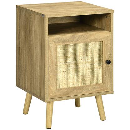 Nightstand Bedside Table with Rattan Door Open Compartment and Anti-tip Side Table for Bedroom Living Room 39x35x60 cm Natural