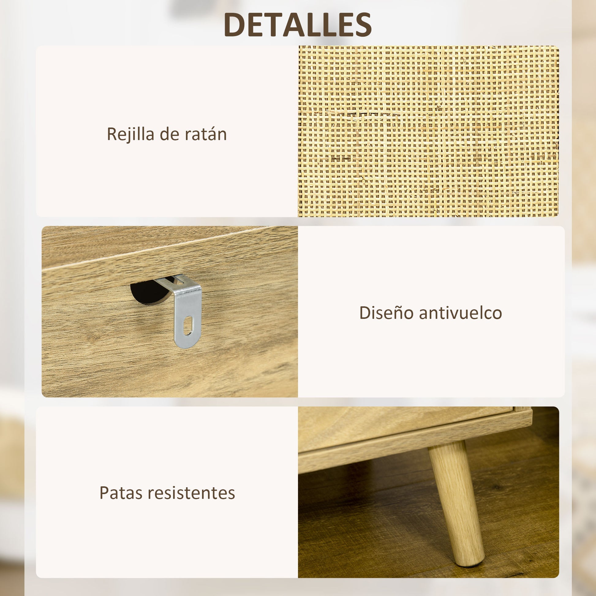 Nightstand Bedside Table with Rattan Door Open Compartment and Anti-tip Side Table for Bedroom Living Room 39x35x60 cm Natural