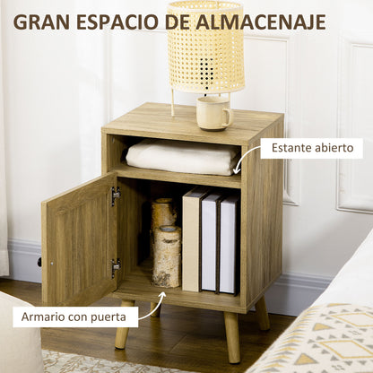 Nightstand Bedside Table with Rattan Door Open Compartment and Anti-tip Side Table for Bedroom Living Room 39x35x60 cm Natural