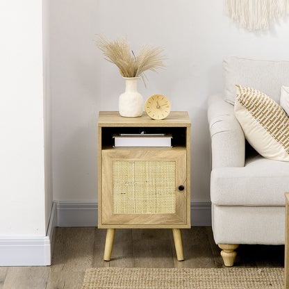 Nightstand Bedside Table with Rattan Door Open Compartment and Anti-tip Side Table for Bedroom Living Room 39x35x60 cm Natural