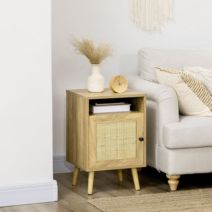 Nightstand Bedside Table with Rattan Door Open Compartment and Anti-tip Side Table for Bedroom Living Room 39x35x60 cm Natural
