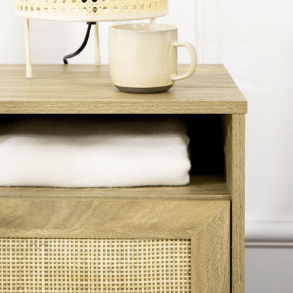 Nightstand Bedside Table with Rattan Door Open Compartment and Anti-tip Side Table for Bedroom Living Room 39x35x60 cm Natural