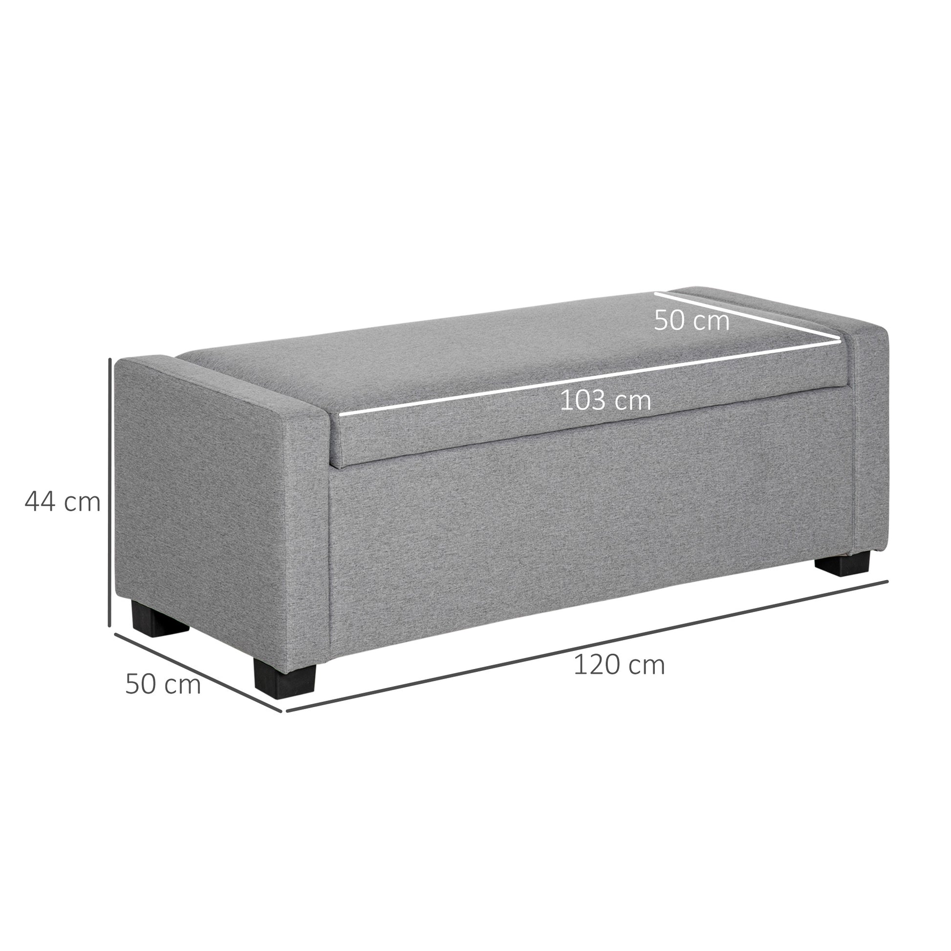 Storage Bench, Upholstered Bench with Storage Compartment, Bed End Bench, Modern Design, Plastic, Gray Fabric, Multiuse, 120x50x44cm, Gray