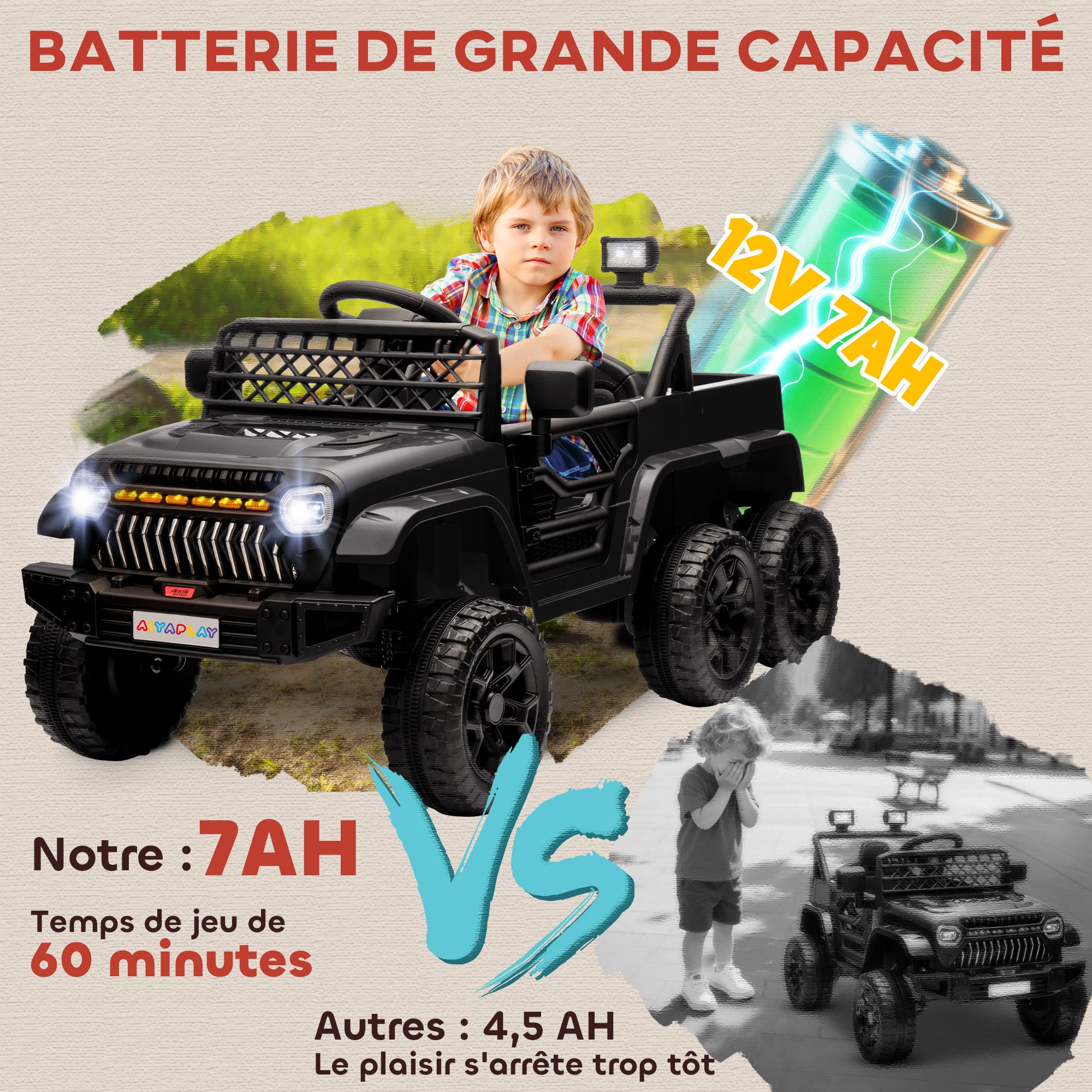 Kids Electric Car, Kids Electric Buggy, 4x4 and 2x2 Modes, with 2.4Ghz Remote Control, 2 x 12V Motors, 3 Speeds, Rear Trailer, Music, Horn, LED Lights, Black