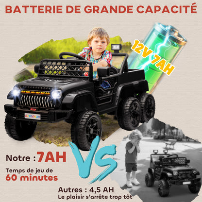 Kids Electric Car, Kids Electric Buggy, 4x4 and 2x2 Modes, with 2.4Ghz Remote Control, 2 x 12V Motors, 3 Speeds, Rear Trailer, Music, Horn, LED Lights, Black