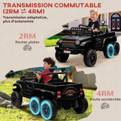 Kids Electric Car, Kids Electric Buggy, 4x4 and 2x2 Modes, with 2.4Ghz Remote Control, 2 x 12V Motors, 3 Speeds, Rear Trailer, Music, Horn, LED Lights, Black