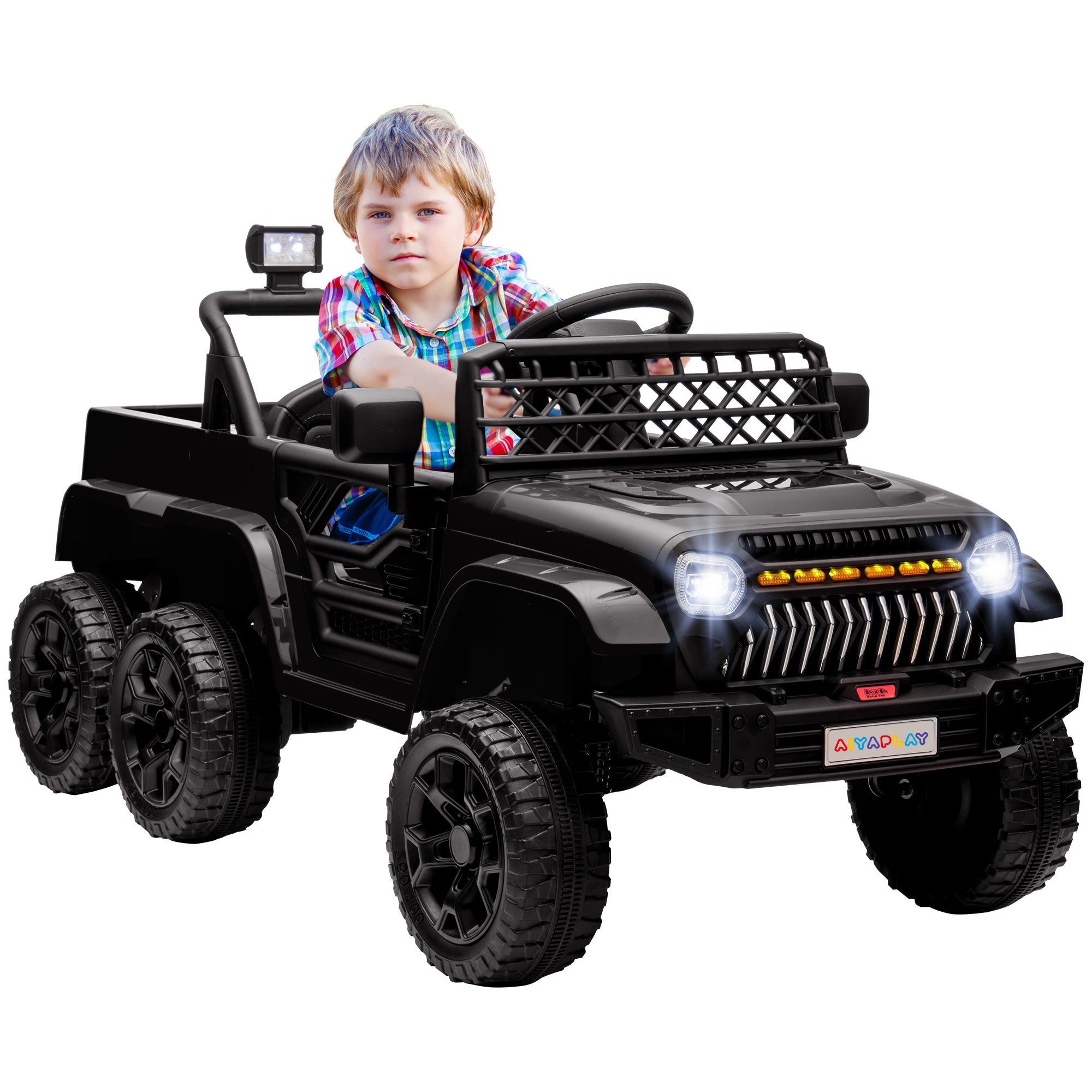 Kids Electric Car, Kids Electric Buggy, 4x4 and 2x2 Modes, with 2.4Ghz Remote Control, 2 x 12V Motors, 3 Speeds, Rear Trailer, Music, Horn, LED Lights, Black