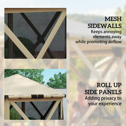 3.0 m x 2.6 m Hexagonal Pavilion with Floor Mat, Mesh Side Panels & Carry Bag — Waterproof, UV-Resistant Party Tent for Garden & Patio, Khaki