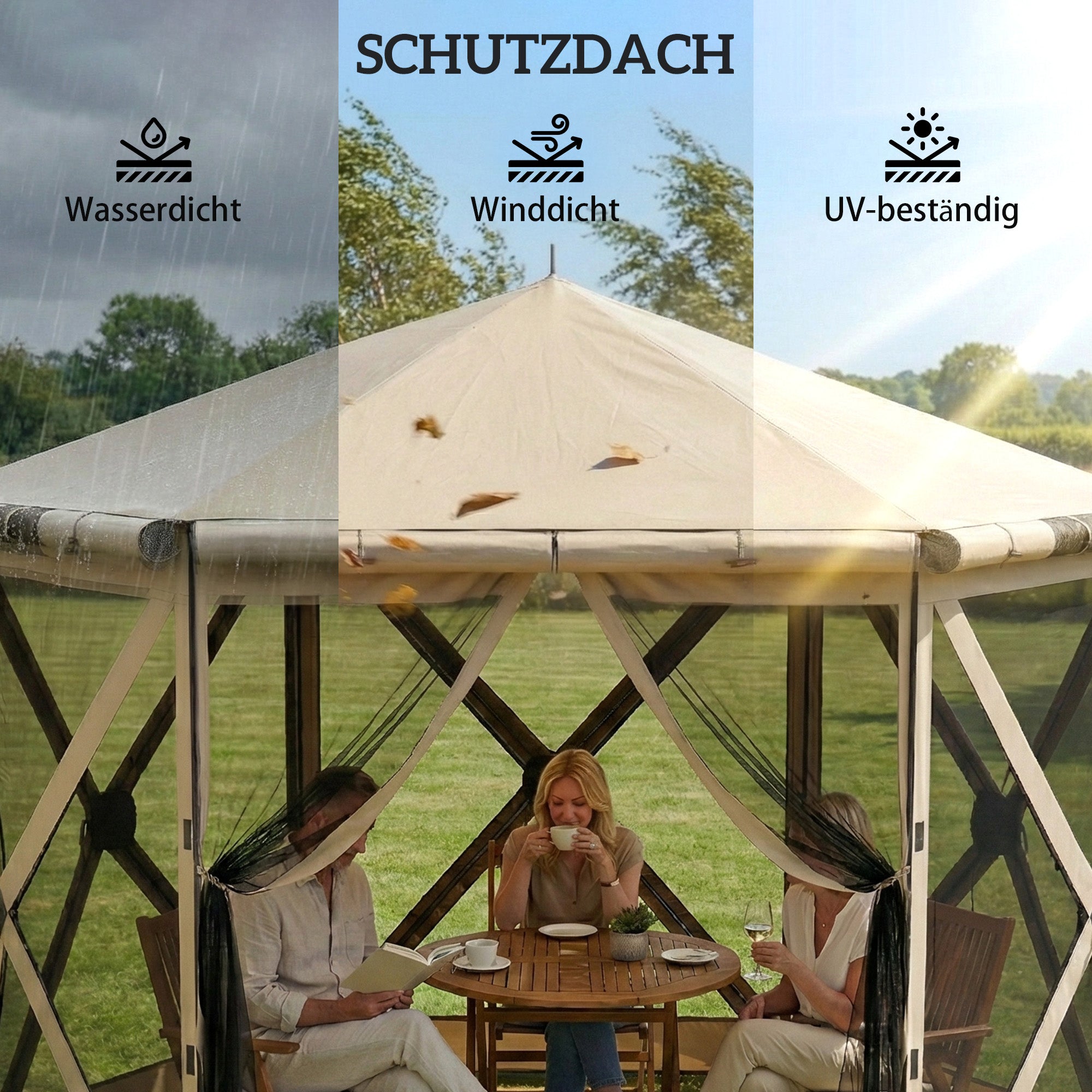 3.0 m x 2.6 m Hexagonal Pavilion with Floor Mat, Mesh Side Panels & Carry Bag — Waterproof, UV-Resistant Party Tent for Garden & Patio, Khaki