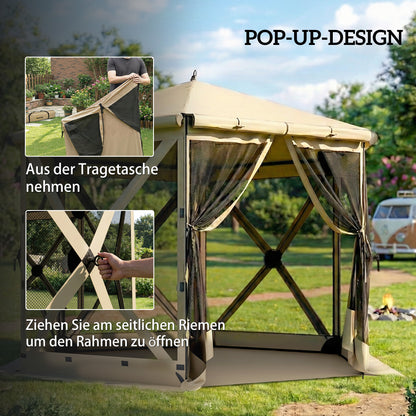 3.0 m x 2.6 m Hexagonal Pavilion with Floor Mat, Mesh Side Panels & Carry Bag — Waterproof, UV-Resistant Party Tent for Garden & Patio, Khaki