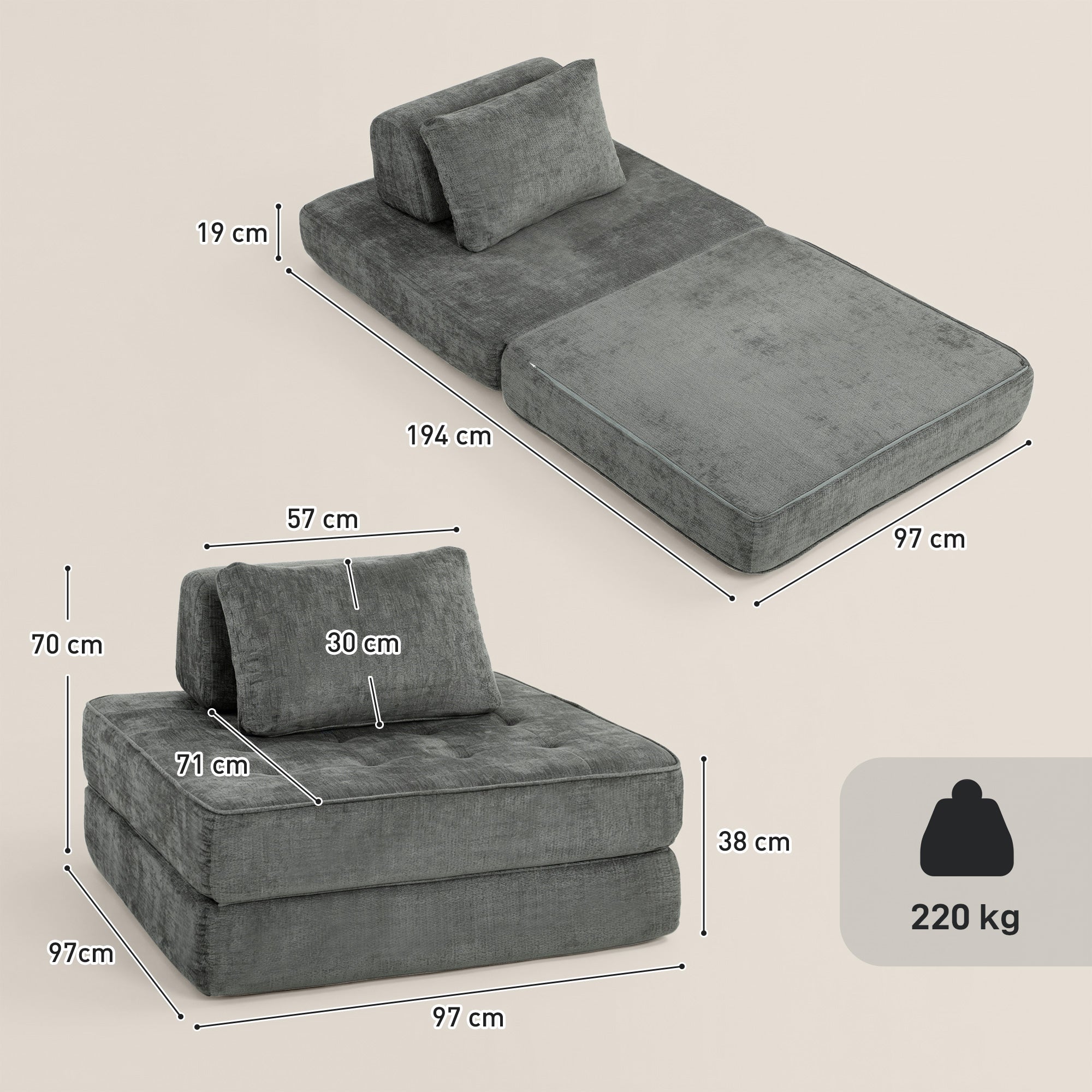 2-in-1 Folding Single Sofa Bed – Chenille Floor Chair with Thick Foldable Mattress, Removable Pillow & Backrest, Compressed, No Assembly, Gray