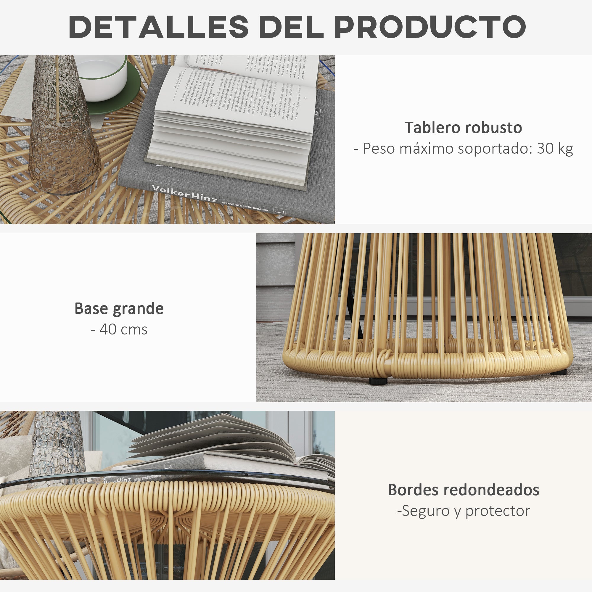 Synthetic Rattan Side Table Round Coffee Table with Tempered Glass Top and Metal Frame 30 kg Load Capacity for Patio Garden Balcony Ø40x42 cm Beige