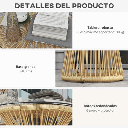 Synthetic Rattan Side Table Round Coffee Table with Tempered Glass Top and Metal Frame 30 kg Load Capacity for Patio Garden Balcony Ø40x42 cm Beige