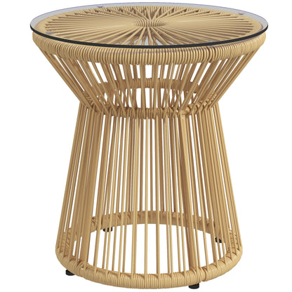 Synthetic Rattan Side Table Round Coffee Table with Tempered Glass Top and Metal Frame 30 kg Load Capacity for Patio Garden Balcony Ø40x42 cm Beige
