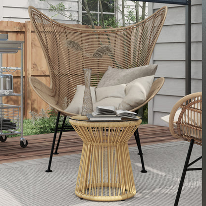 Synthetic Rattan Side Table Round Coffee Table with Tempered Glass Top and Metal Frame 30 kg Load Capacity for Patio Garden Balcony Ø40x42 cm Beige
