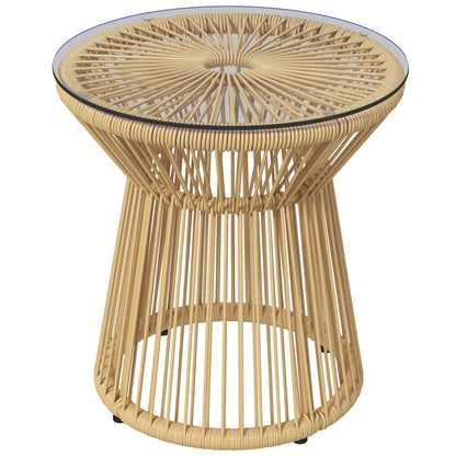 Synthetic Rattan Side Table Round Coffee Table with Tempered Glass Top and Metal Frame 30 kg Load Capacity for Patio Garden Balcony Ø40x42 cm Beige