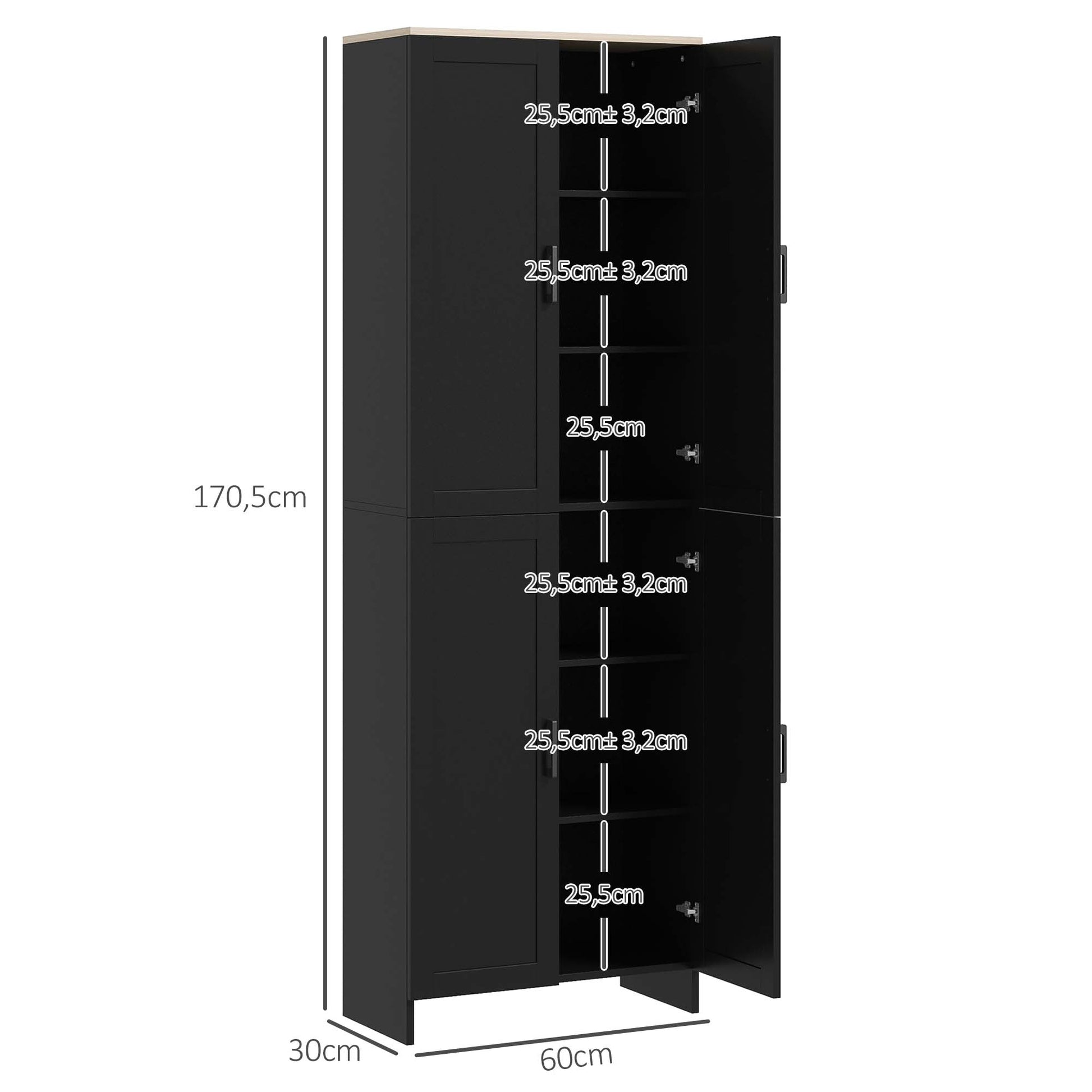 Kitchen Pantry Cabinet Kitchen Storage Cabinet Auxiliary Cabinet with Doors and Adjustable Shelves Anti-tip for Dining Room Living Room 60x30x171 cm Black