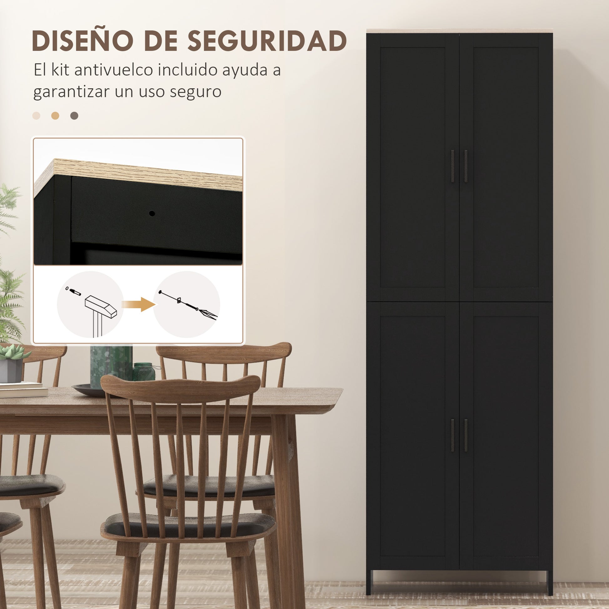Kitchen Pantry Cabinet Kitchen Storage Cabinet Auxiliary Cabinet with Doors and Adjustable Shelves Anti-tip for Dining Room Living Room 60x30x171 cm Black