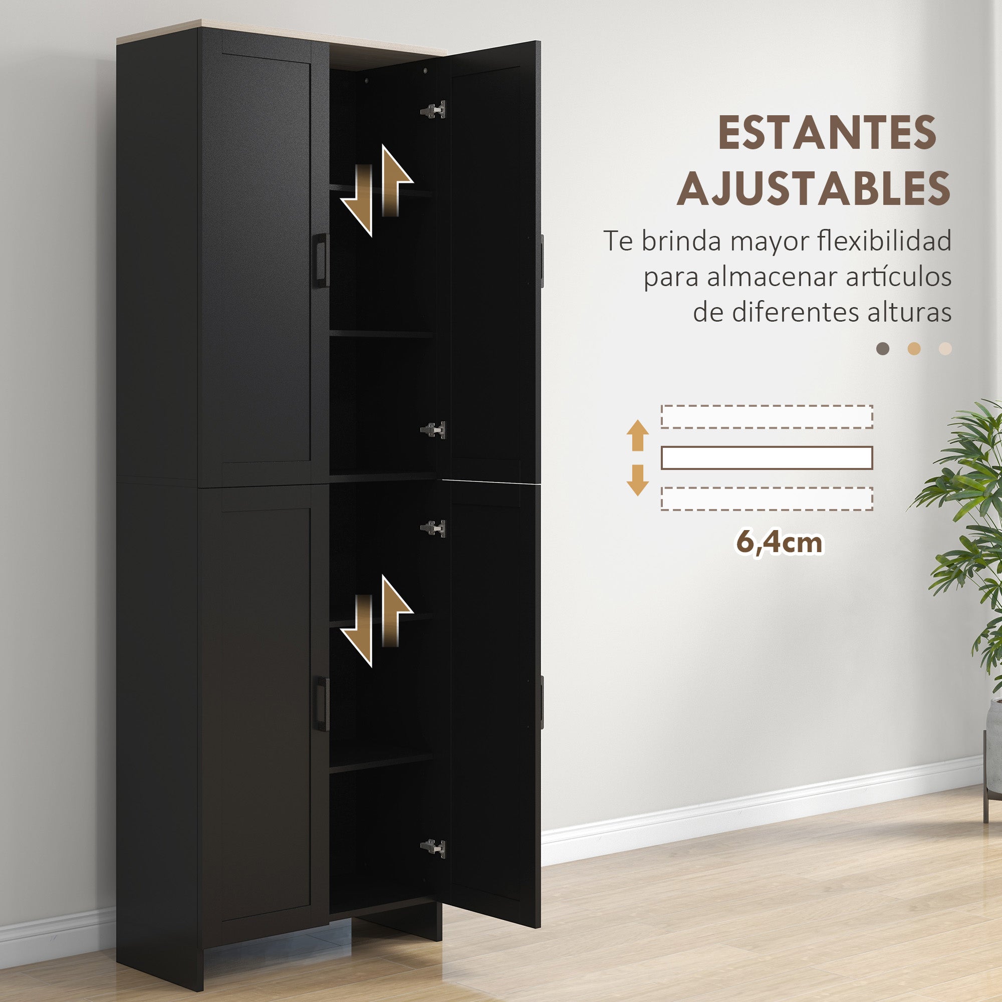 Kitchen Pantry Cabinet Kitchen Storage Cabinet Auxiliary Cabinet with Doors and Adjustable Shelves Anti-tip for Dining Room Living Room 60x30x171 cm Black