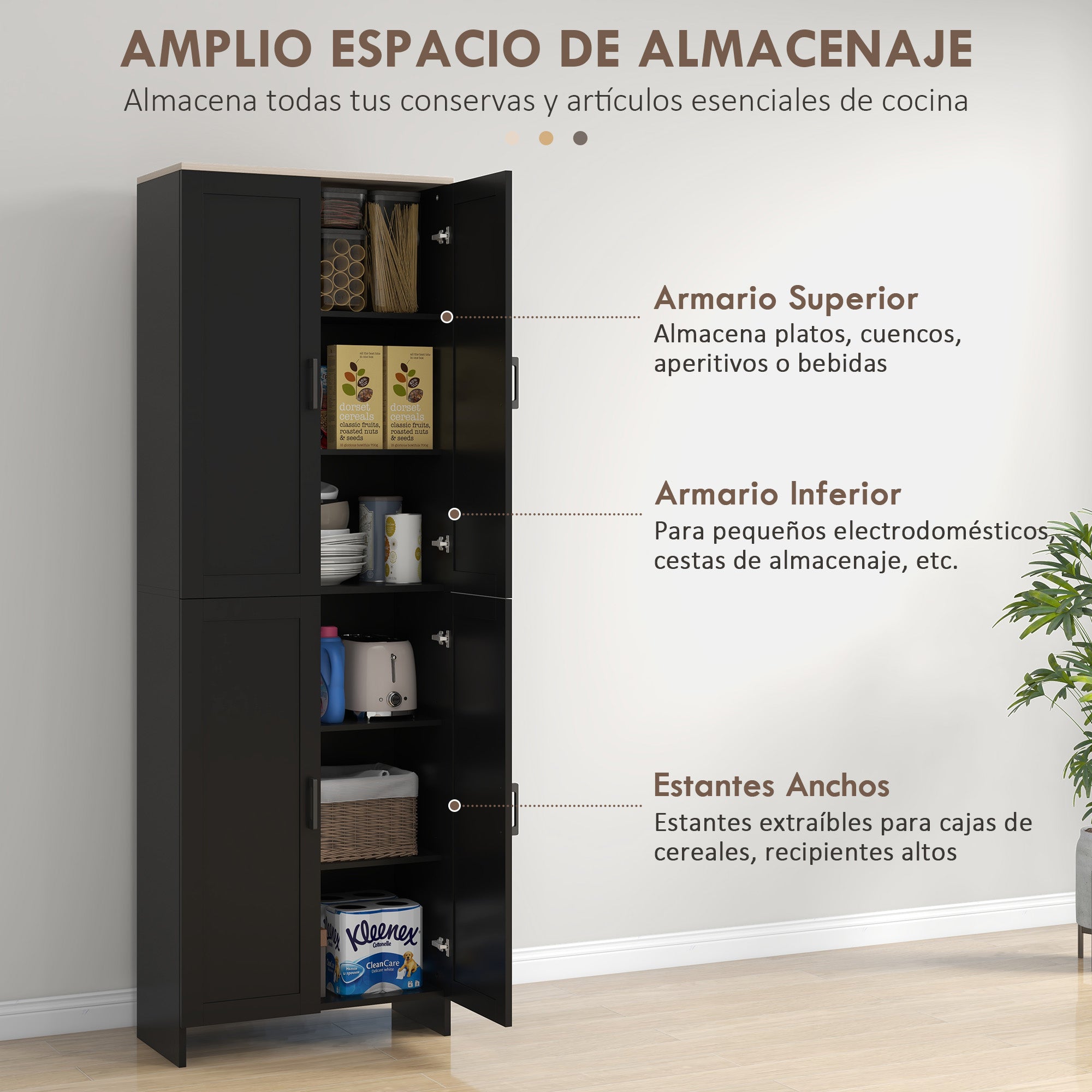 Kitchen Pantry Cabinet Kitchen Storage Cabinet Auxiliary Cabinet with Doors and Adjustable Shelves Anti-tip for Dining Room Living Room 60x30x171 cm Black