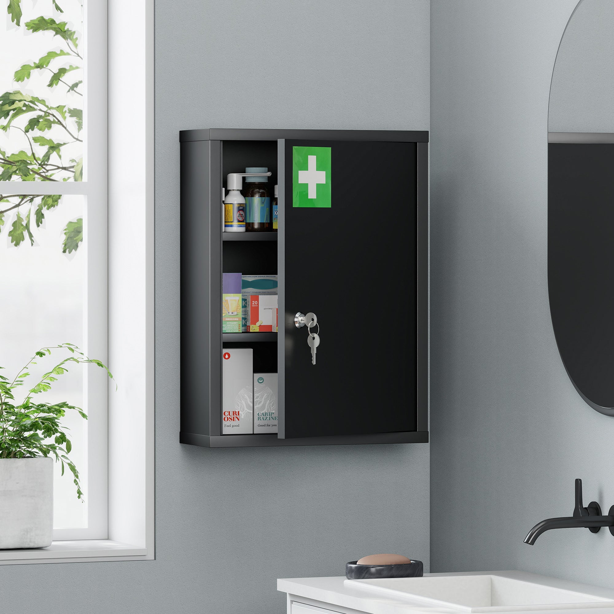 Medicine Cabinet, Pharmacy Cabinet with 3 Compartments, Lockable First Aid Cabinet with 2 Keys, Steel, Black, 15.7 x 5.9 x 21.1 in (40 x 15 x 53.5 cm)