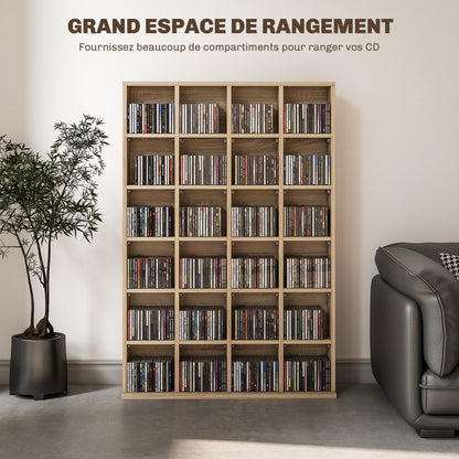 CD and DVD Storage, Multimedia Shelf with 24 Compartments, maximum capacity of 480 CDs/312 DVDs, wooden bookshelf with adjustable shelves, 89 x 20 x 130.5 cm, Natural Wood